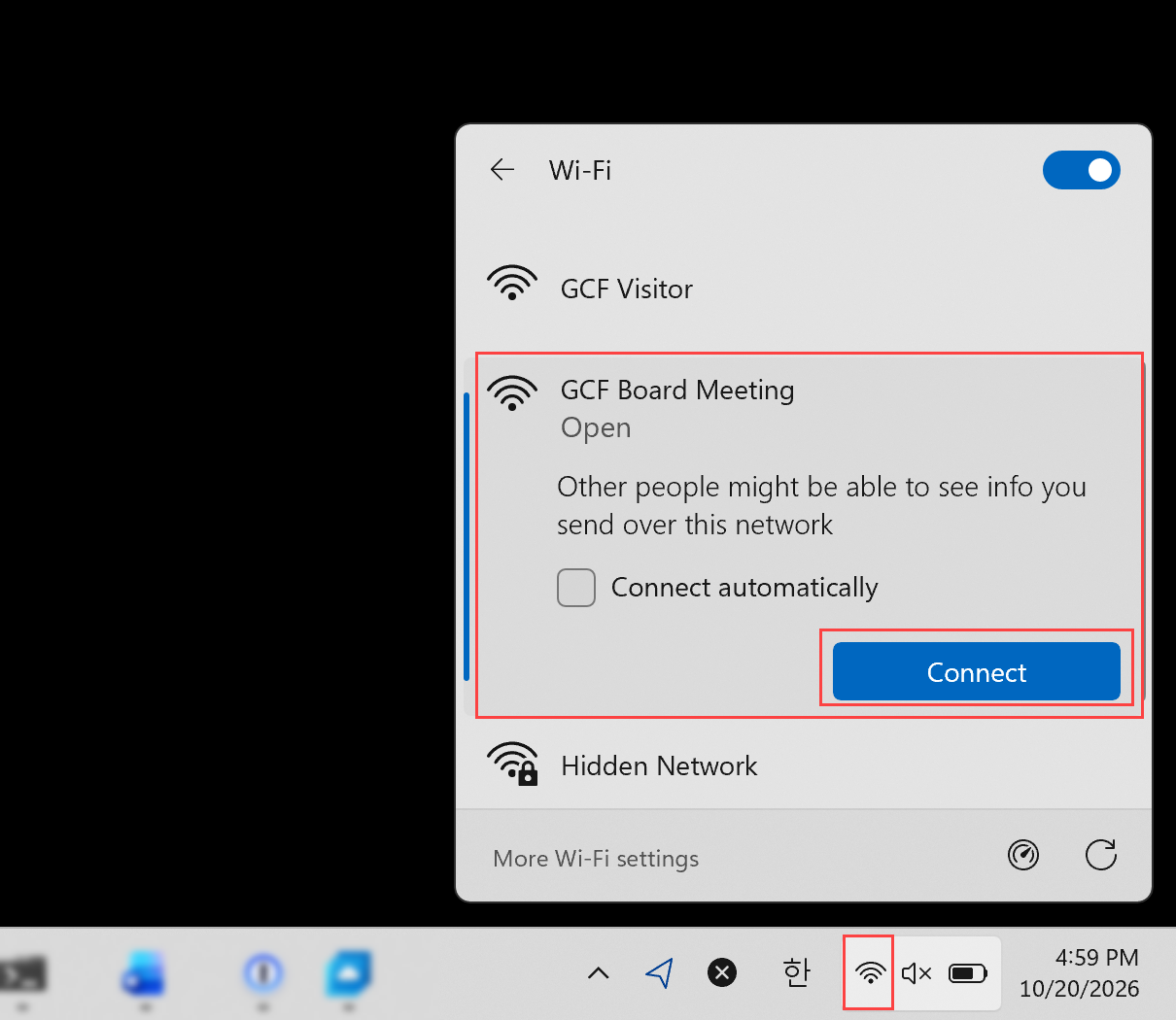 Windows Wi-Fi panel with GCF Board Meeting selected and the Connect button highlighted